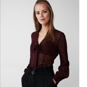 Express Petite Dot Tie Neck Blouse